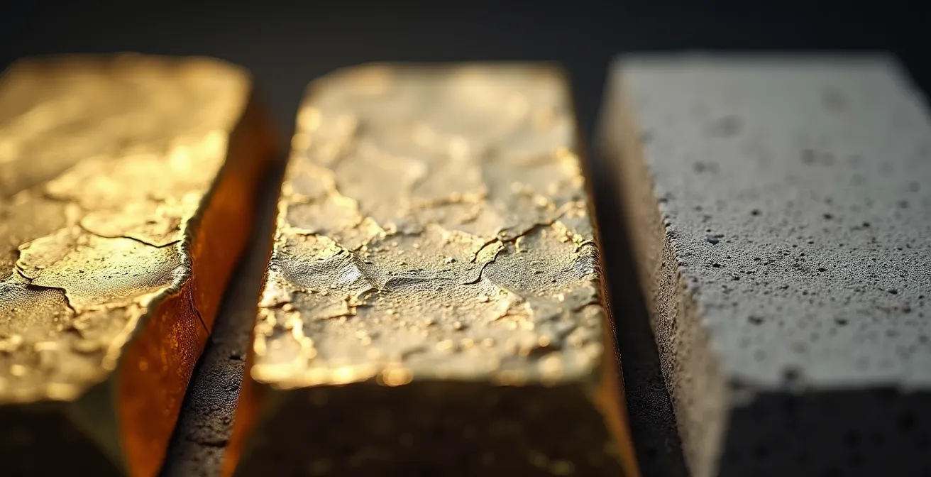 Comparación visual de las texturas del oro, papel de un bono y hormigón del sector inmobiliario.