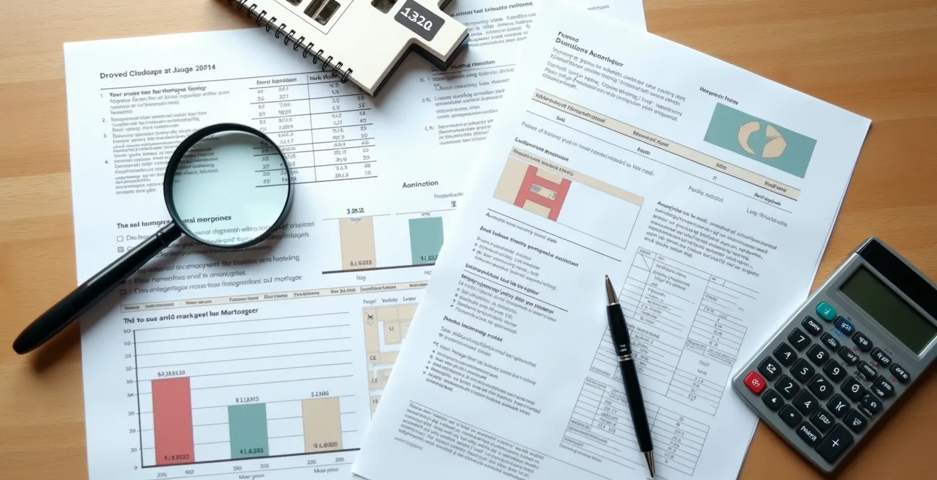 Vista cenital de una mesa con documentos hipotecarios y una lupa examinando los detalles de las cláusulas.