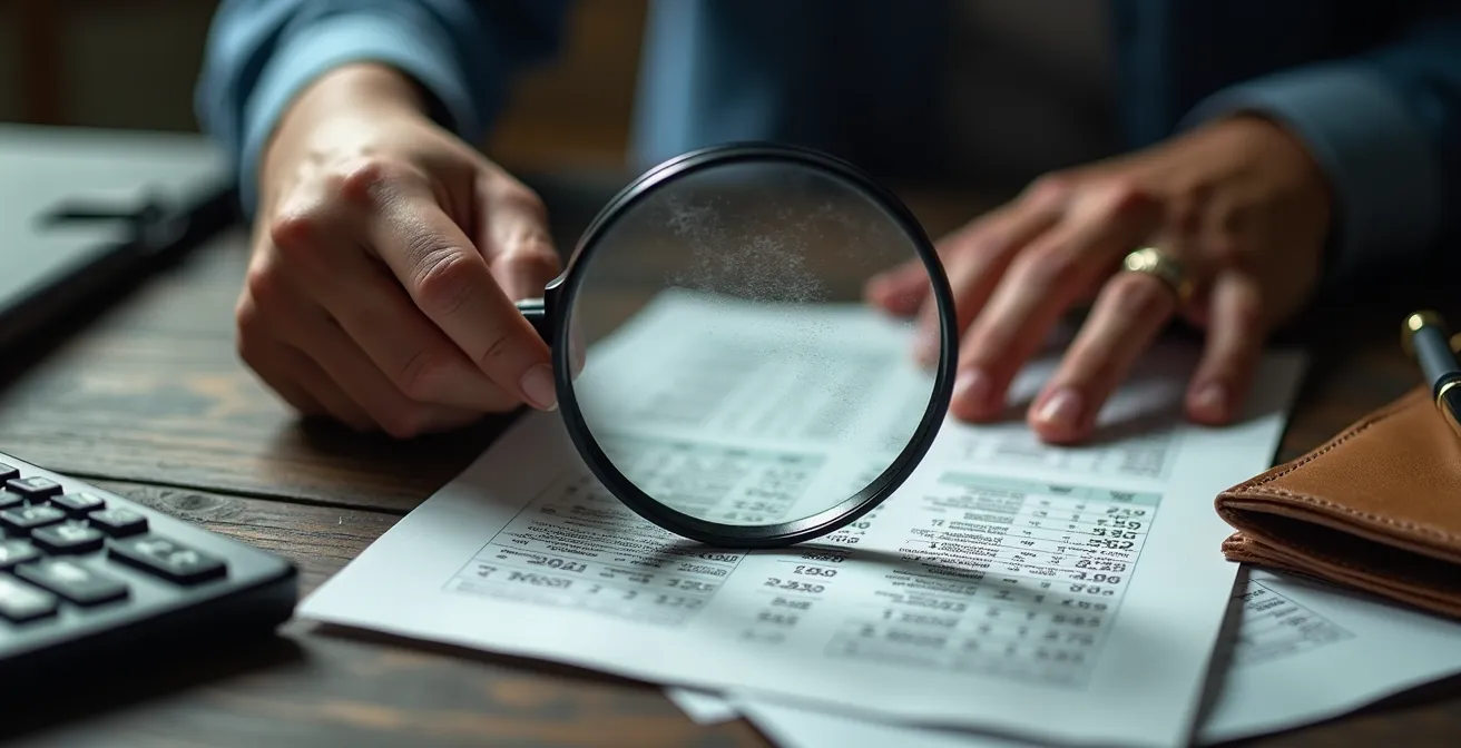 Manos examinando documentos financieros con lupa sobre escritorio profesional
