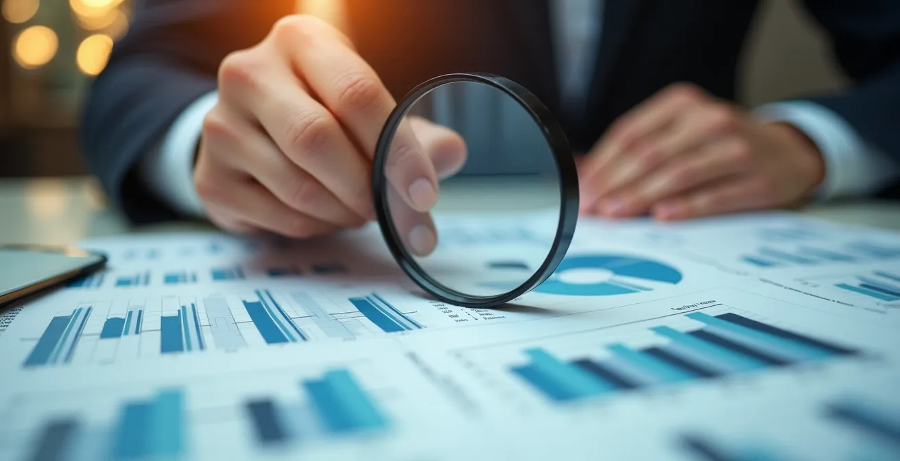 Manos de analista financiero examinando documentos con lupa sobre mesa de trabajo