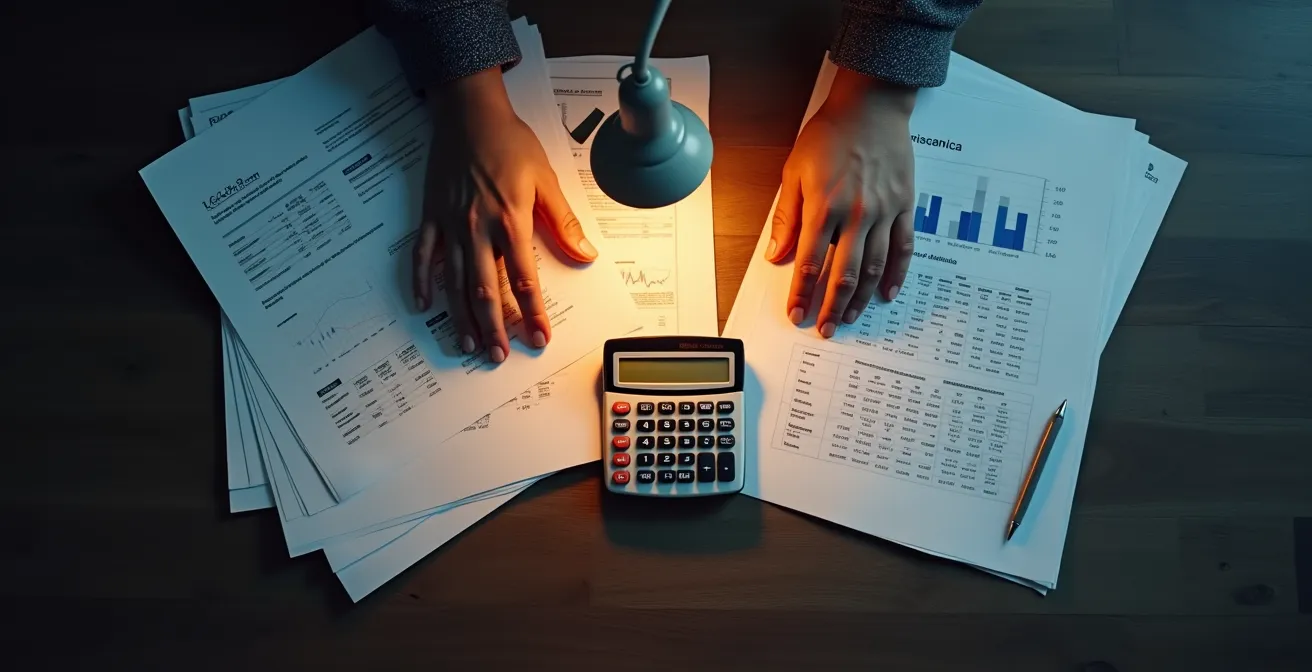 Persona analizando múltiples documentos financieros con calculadora en escritorio iluminado