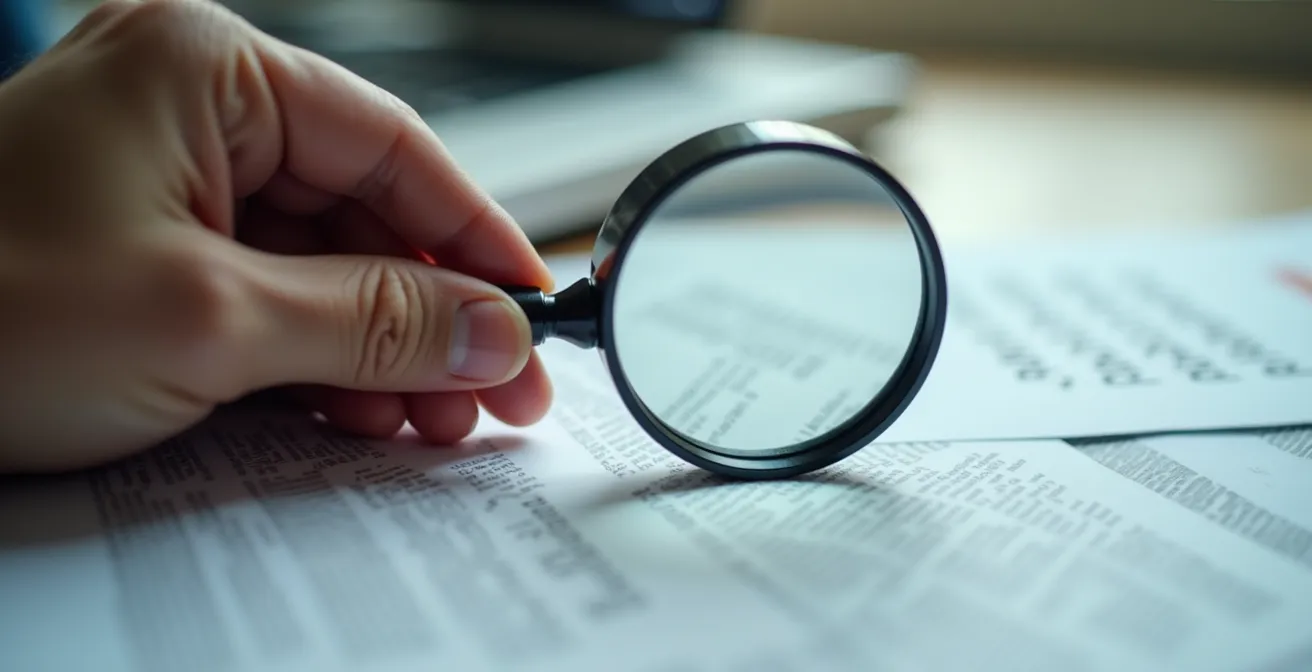 Fotografía macro de una mano señalando un documento de hipoteca con lupa sobre cifras borrosas