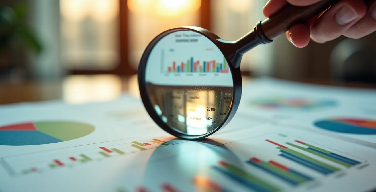 Análisis de documentos de fondos de inversión con lupa sobre escritorio
