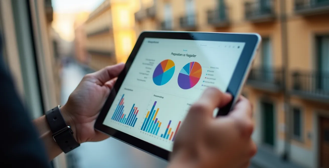 Mano sosteniendo una tablet mostrando gráficos abstractos de análisis inmobiliario con edificios difuminados al fondo