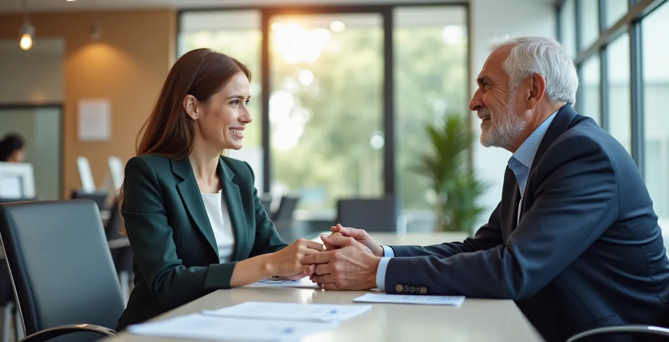 Empleado bancario atendiendo con amabilidad y de forma personalizada a una persona mayor en una oficina luminosa.