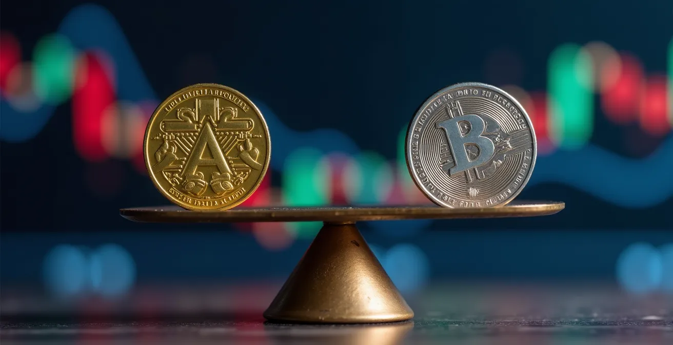 Representación artística del equilibrio entre euros y dólares mediante una balanza abstracta