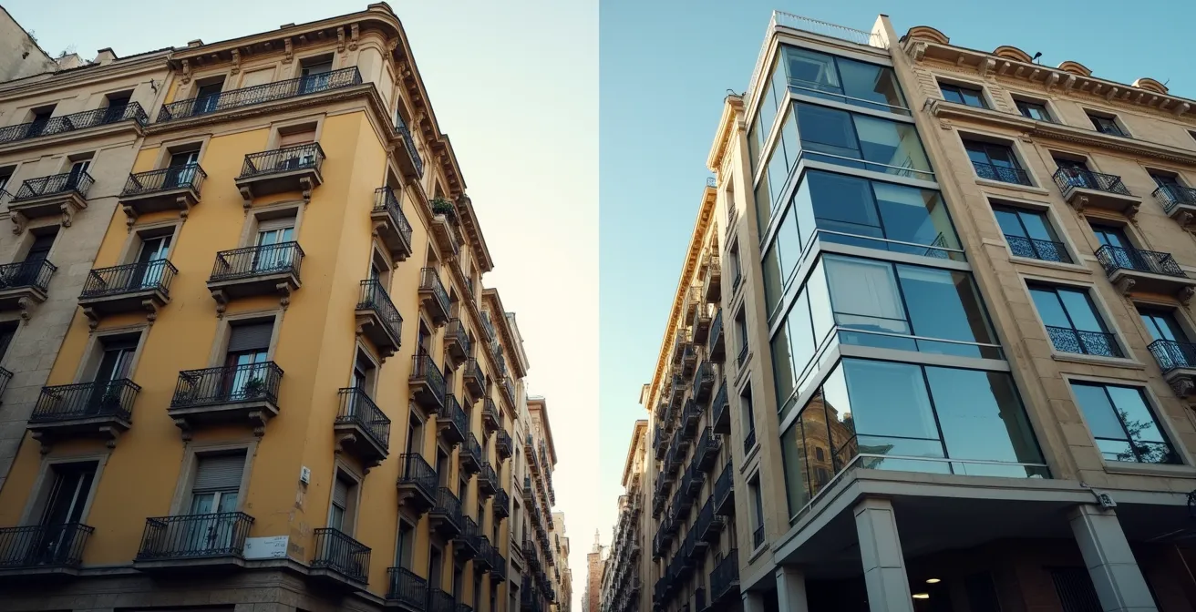 Contraste arquitectónico entre edificios antiguos y modernos en un barrio residencial de Barcelona
