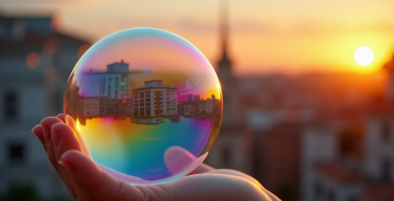 Mano sosteniendo burbuja de jabón transparente reflejando siluetas de edificios urbanos