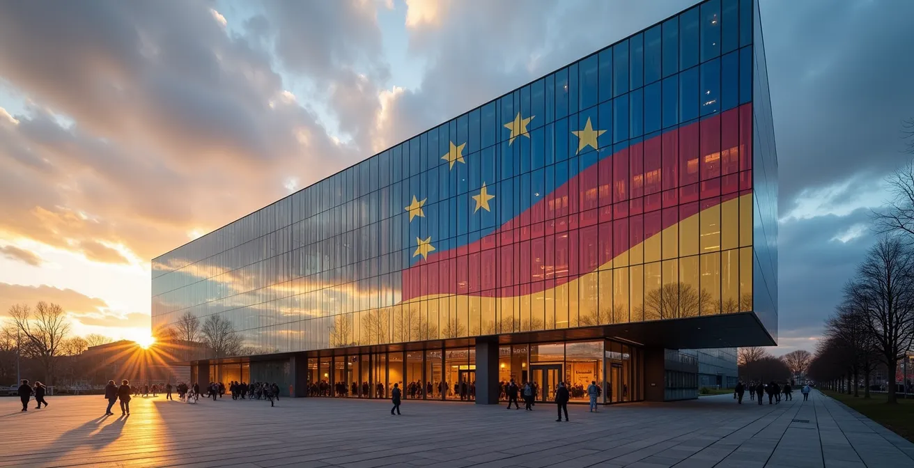 Vista panorámica del Banco Central Europeo en Frankfurt con reflejo de banderas españolas y europeas