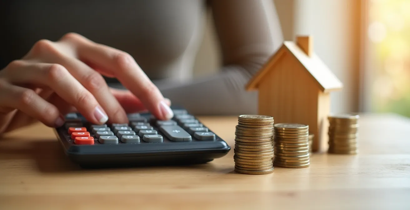 Mano sosteniendo calculadora con monedas y modelo de casa en mesa de madera