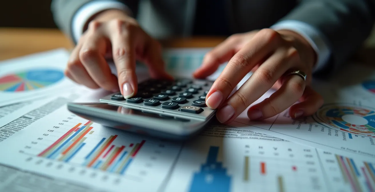 Primer plano de manos usando calculadora sobre extractos bancarios con gráficos de porcentajes