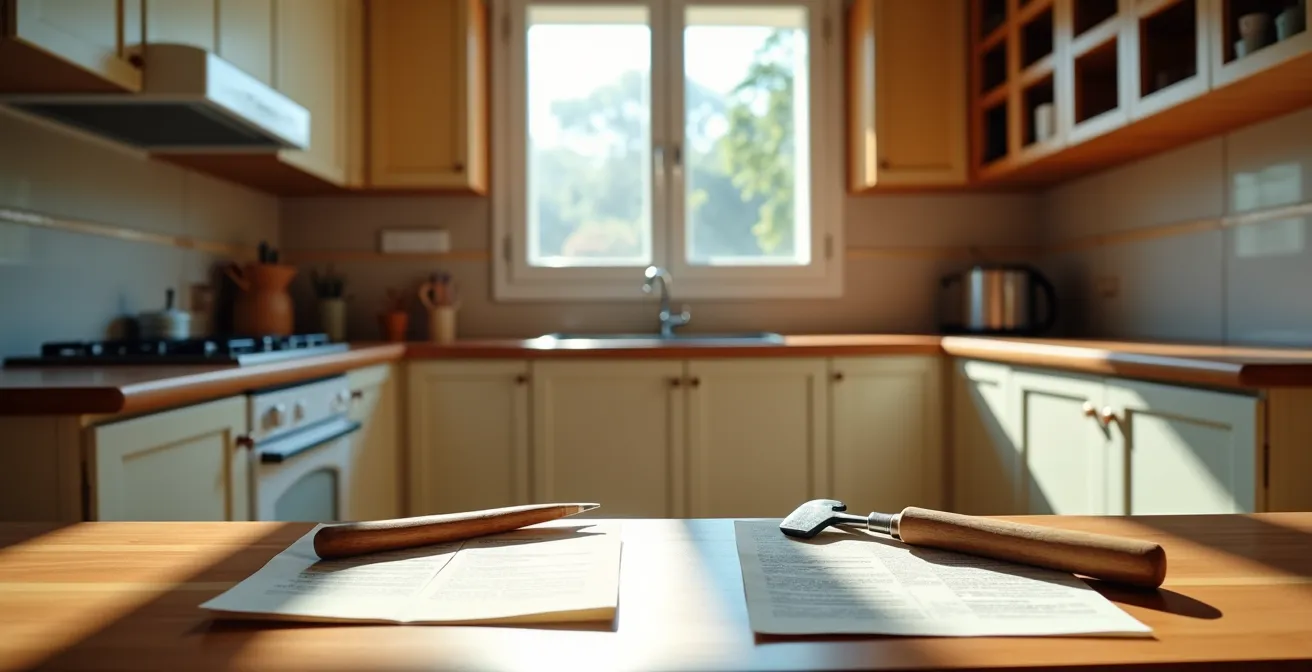 Cocina moderna española en proceso de renovación con elementos financieros