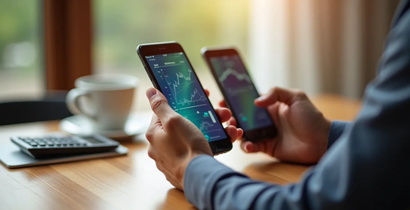 Manos comparando ofertas de préstamos en dispositivos móviles