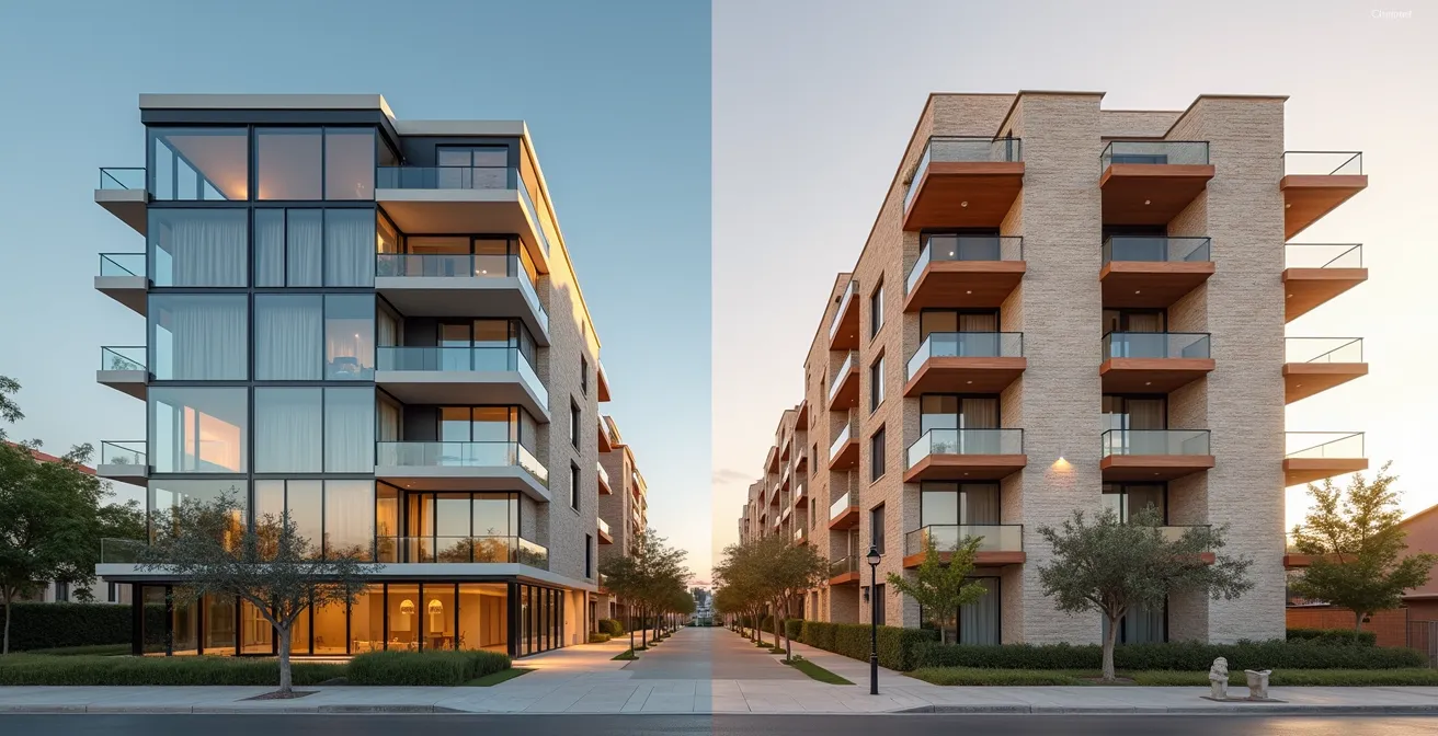 Vista dividida de edificio moderno junto a fachada tradicional española al atardecer