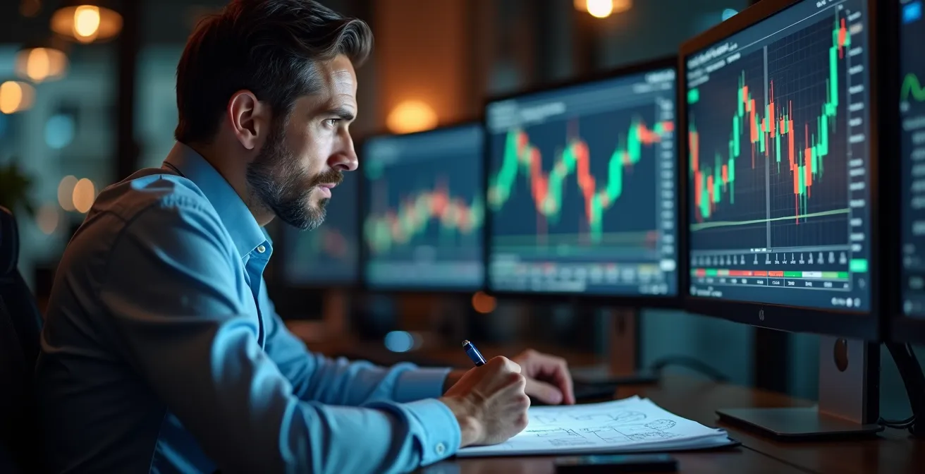 Inversor analizando gráficos de mercado con calculadora financiera para optimizar su fiscalidad.