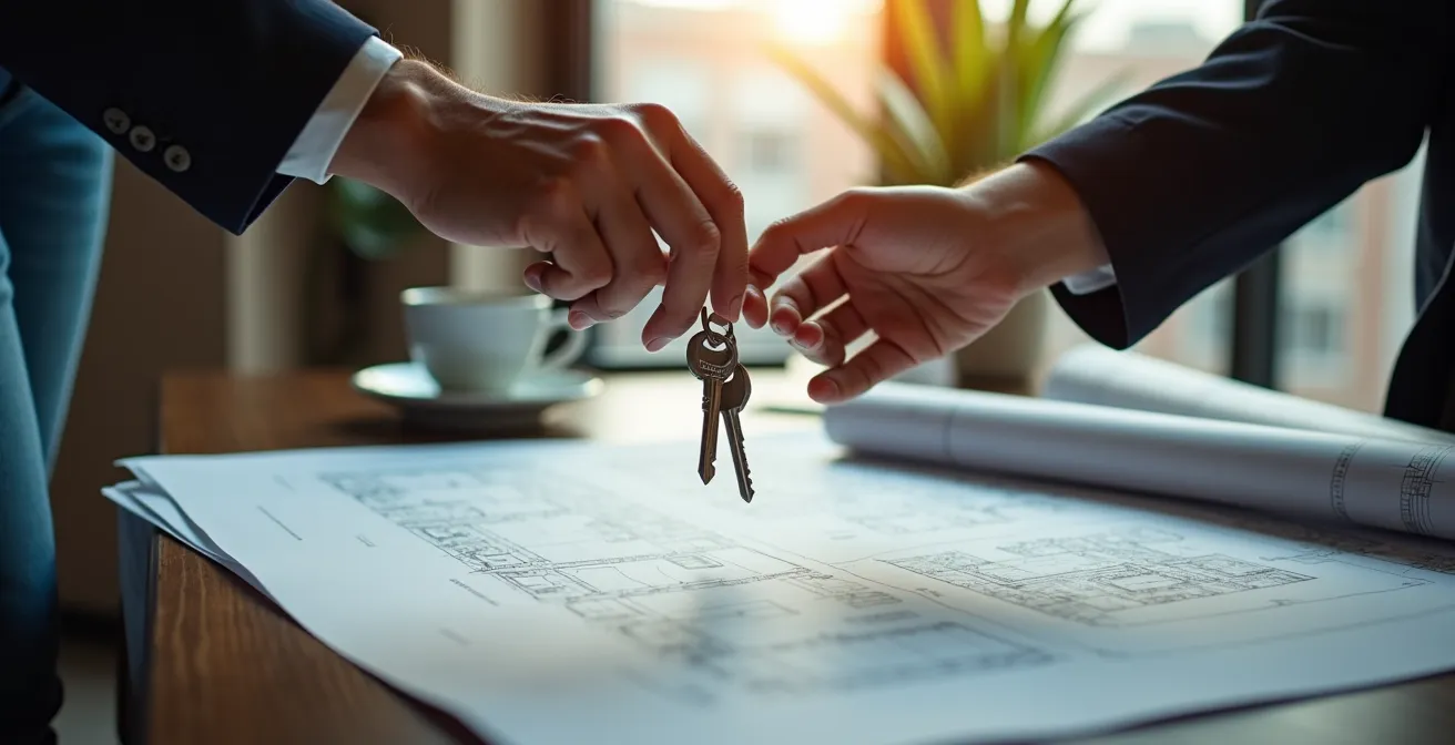 Mesa de negociación con documentos y planos arquitectónicos sin texto visible