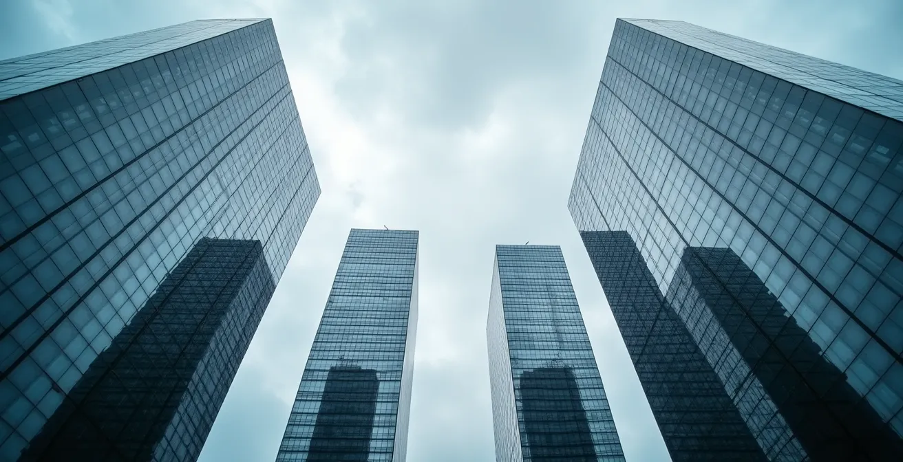 Visualización de la correlación entre acciones bancarias españolas donde varias torres de oficinas idénticas reflejan el mismo cielo tormentoso.