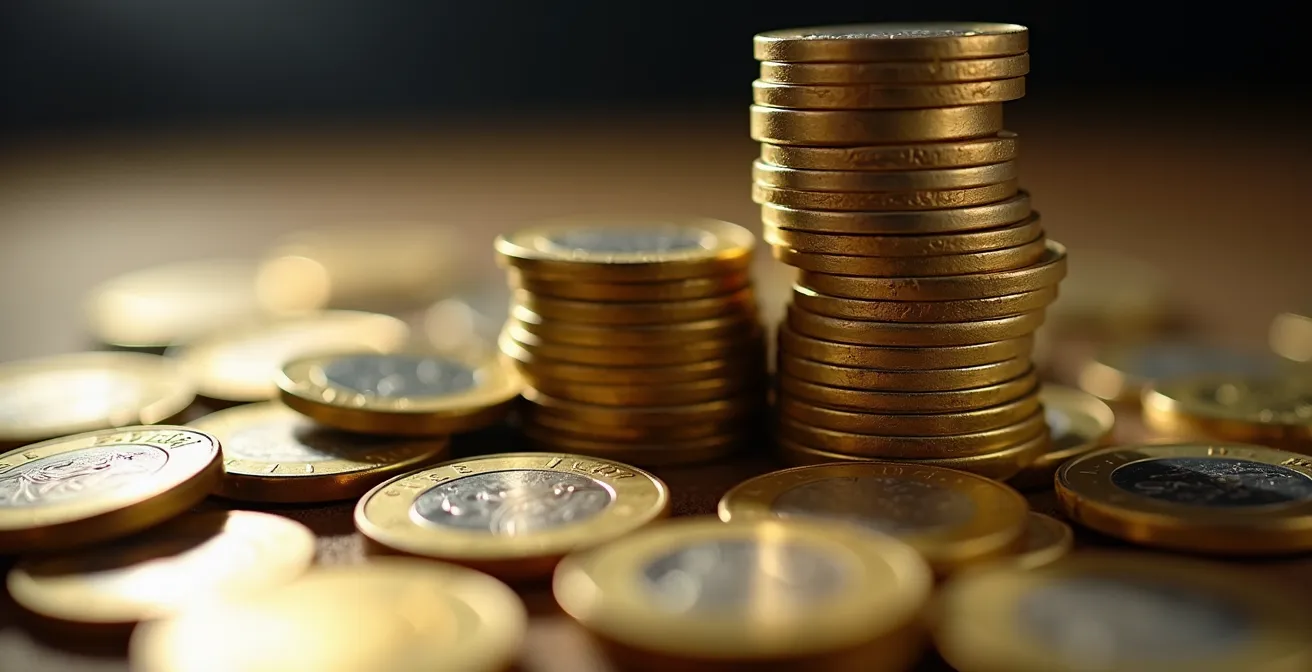 Detalle macro de monedas de euro apiladas mostrando textura y relieve