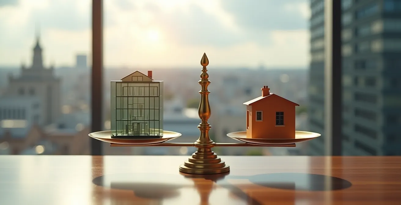 Balanza de precisión con edificio corporativo en un plato y casa familiar en otro, ambiente de oficina profesional