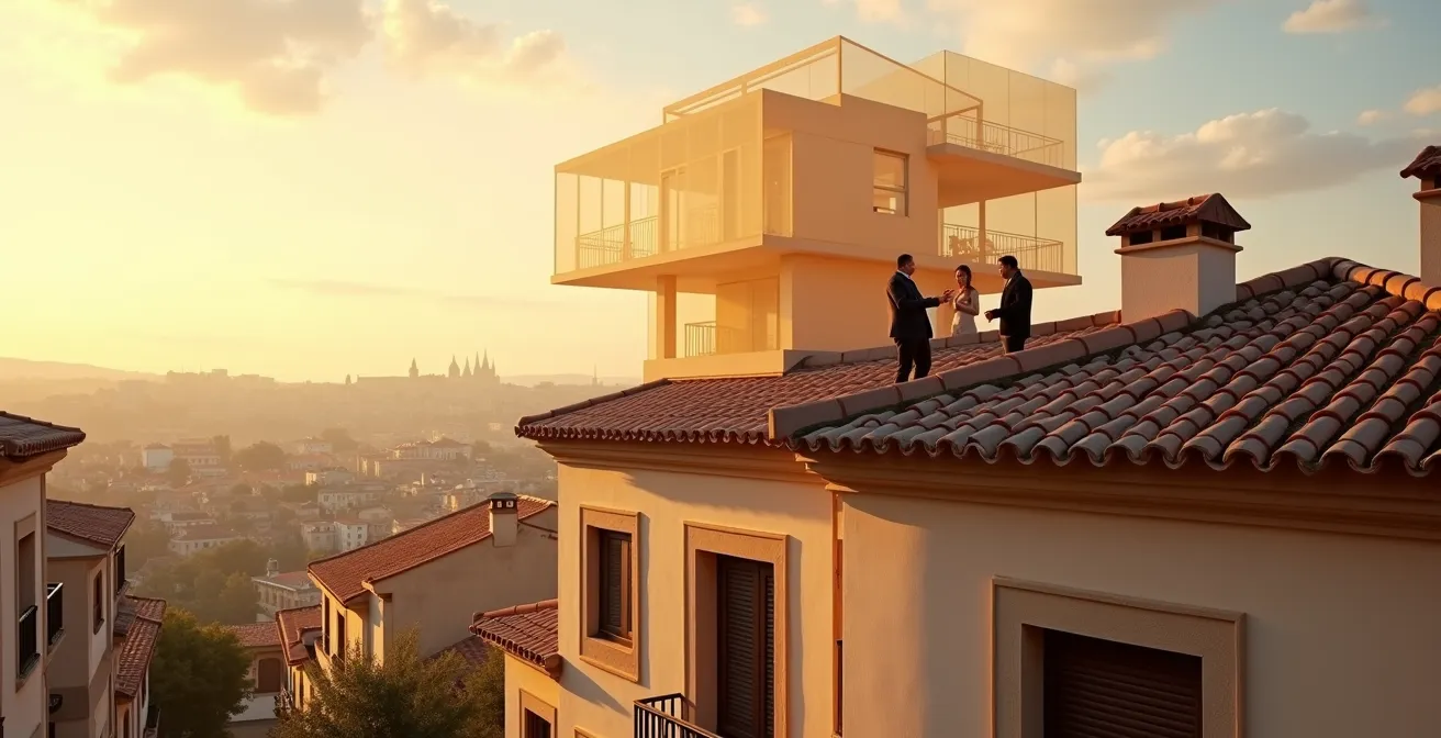 Vista lateral de edificio mostrando potencial constructivo vertical con plantas semitransparentes adicionales