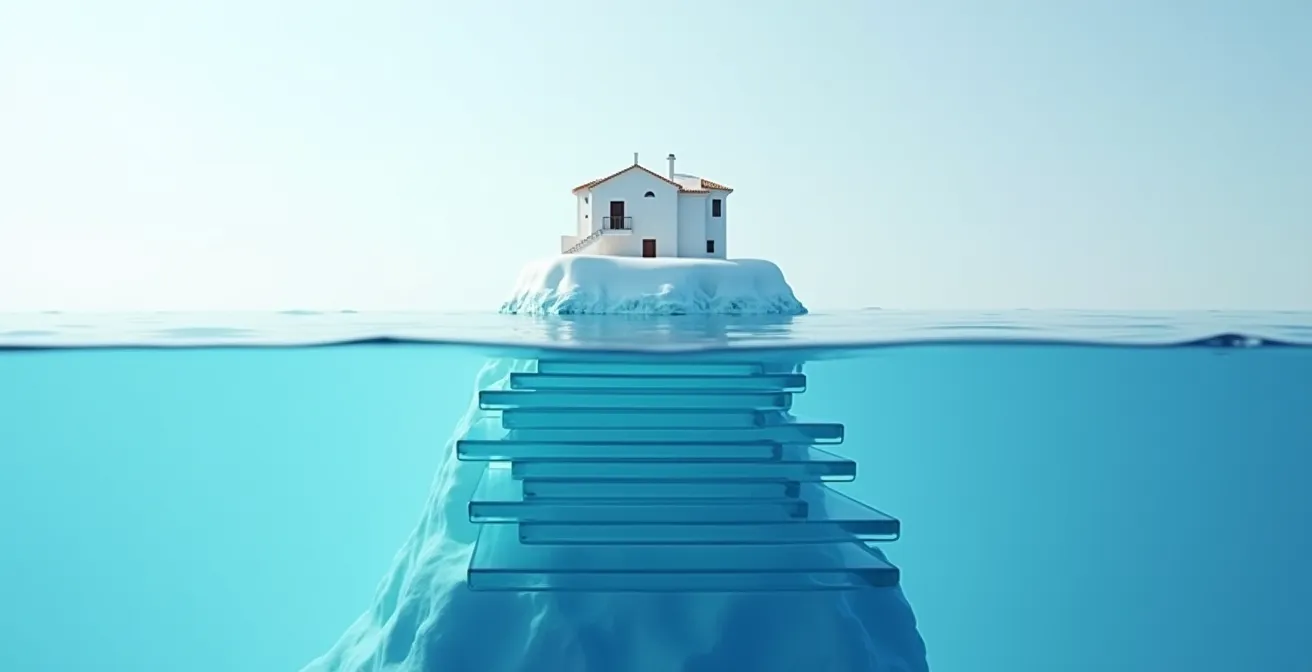 Visualización de costes ocultos en una hipoteca española de 200.000 euros, representados como un iceberg.