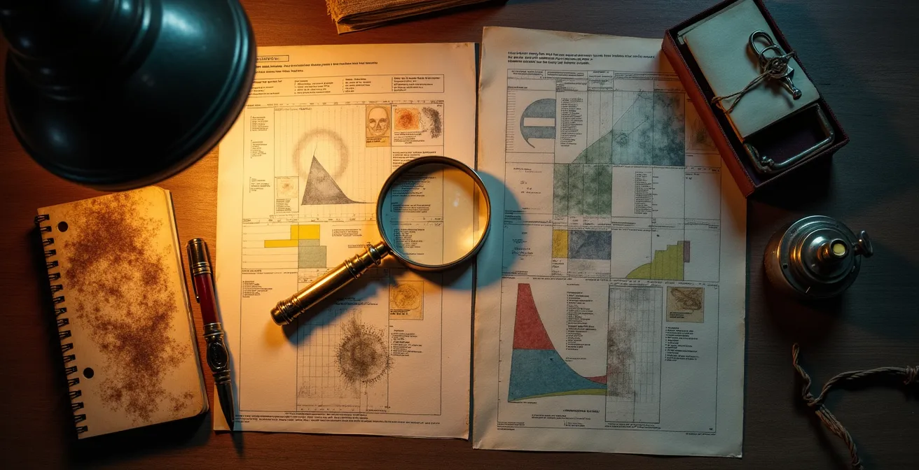 Perspectiva cenital de mesa con lupa sobre documentos financieros abstractos