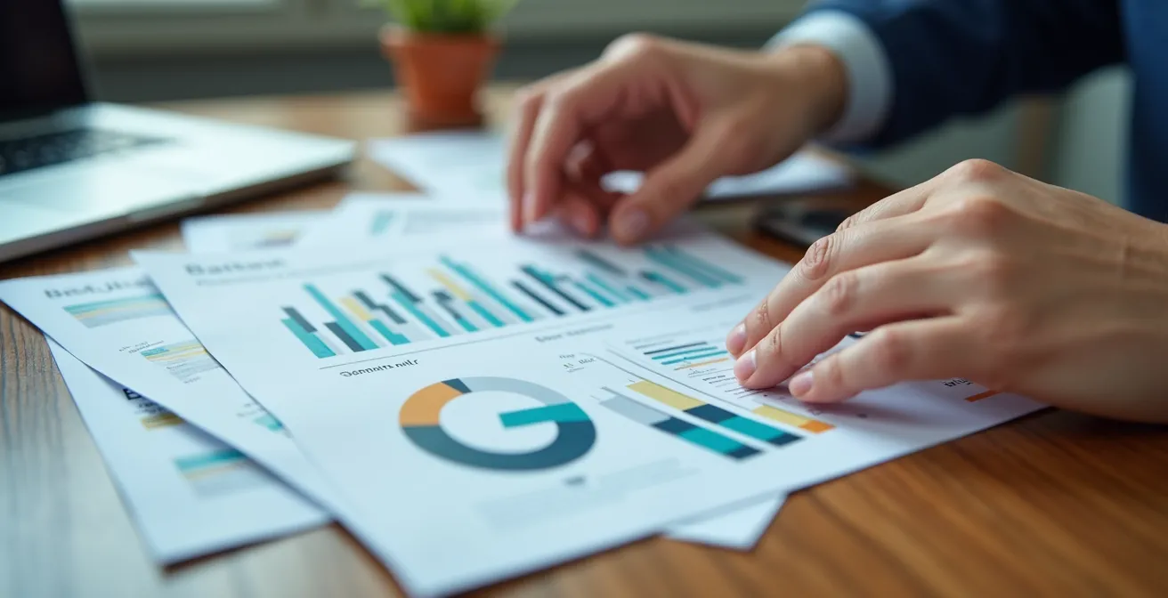 Manos organizando capturas de pantalla y folletos bancarios sobre una mesa, como prueba de publicidad engañosa.