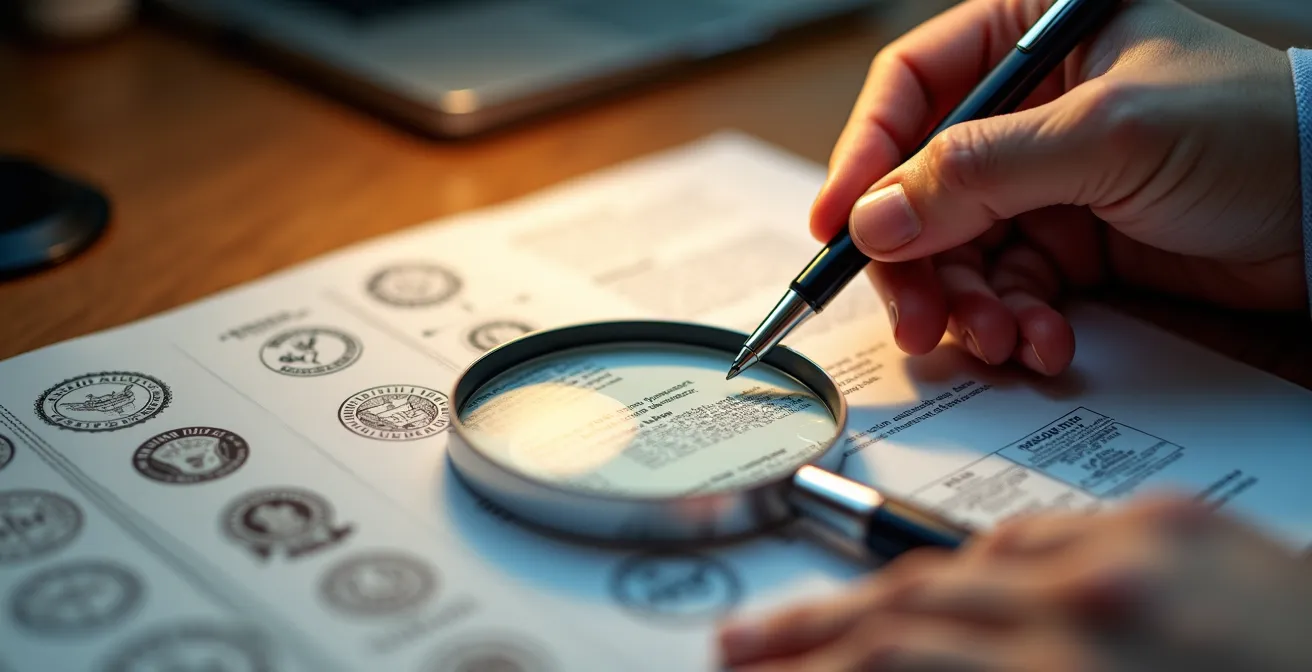 Mesa con documentos oficiales difuminados y lupa examinando detalles, manos revisando papeles