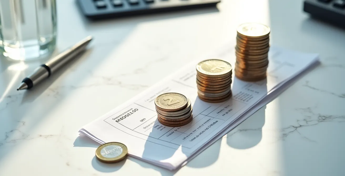 Mesa de trabajo con documentos financieros y calculadora mostrando estrategia de ahorro escalonada