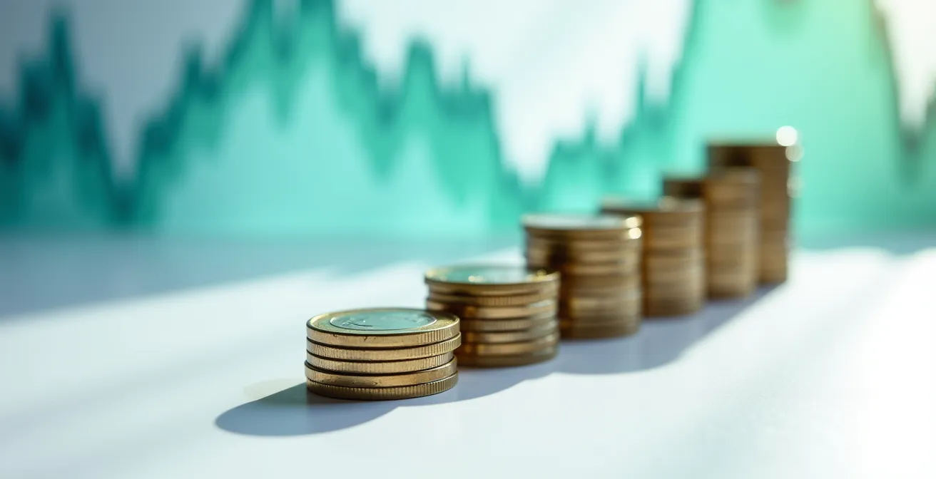 Representación visual de estrategia Dollar Cost Averaging con monedas de euro y gráficos temporales
