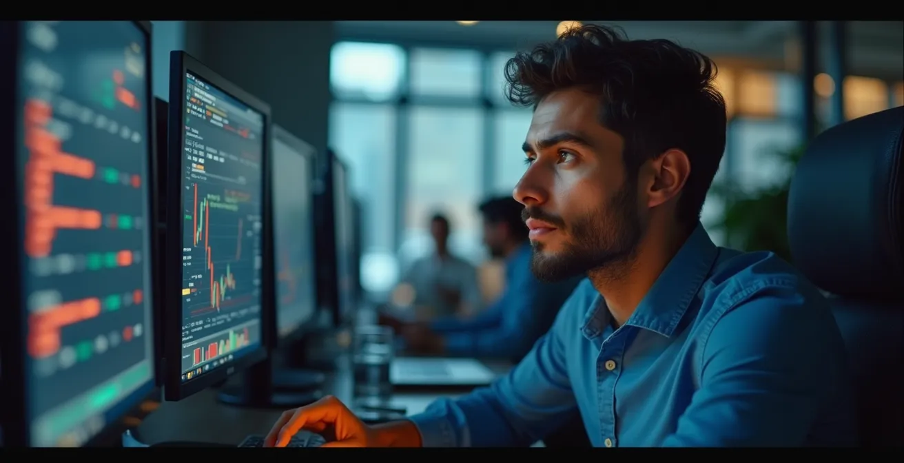 Trader profesional analizando la media móvil de 200 sesiones en pantalla con indicadores de colores