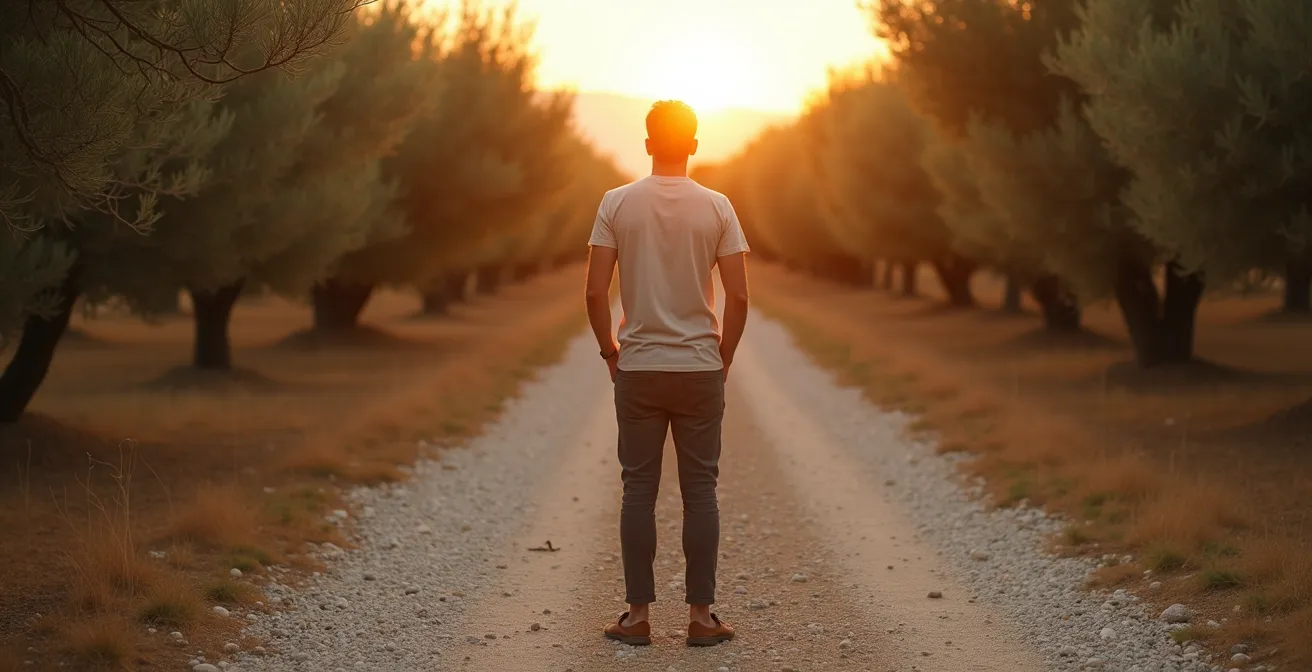 Comparación visual entre los métodos de amortización bola de nieve y avalancha, representados como dos caminos en un olivar español.