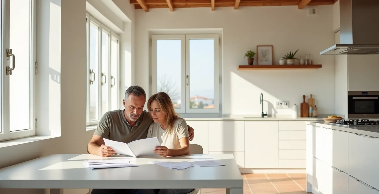 Pareja española analizando facturas de luz y gas en su cocina con calculadora