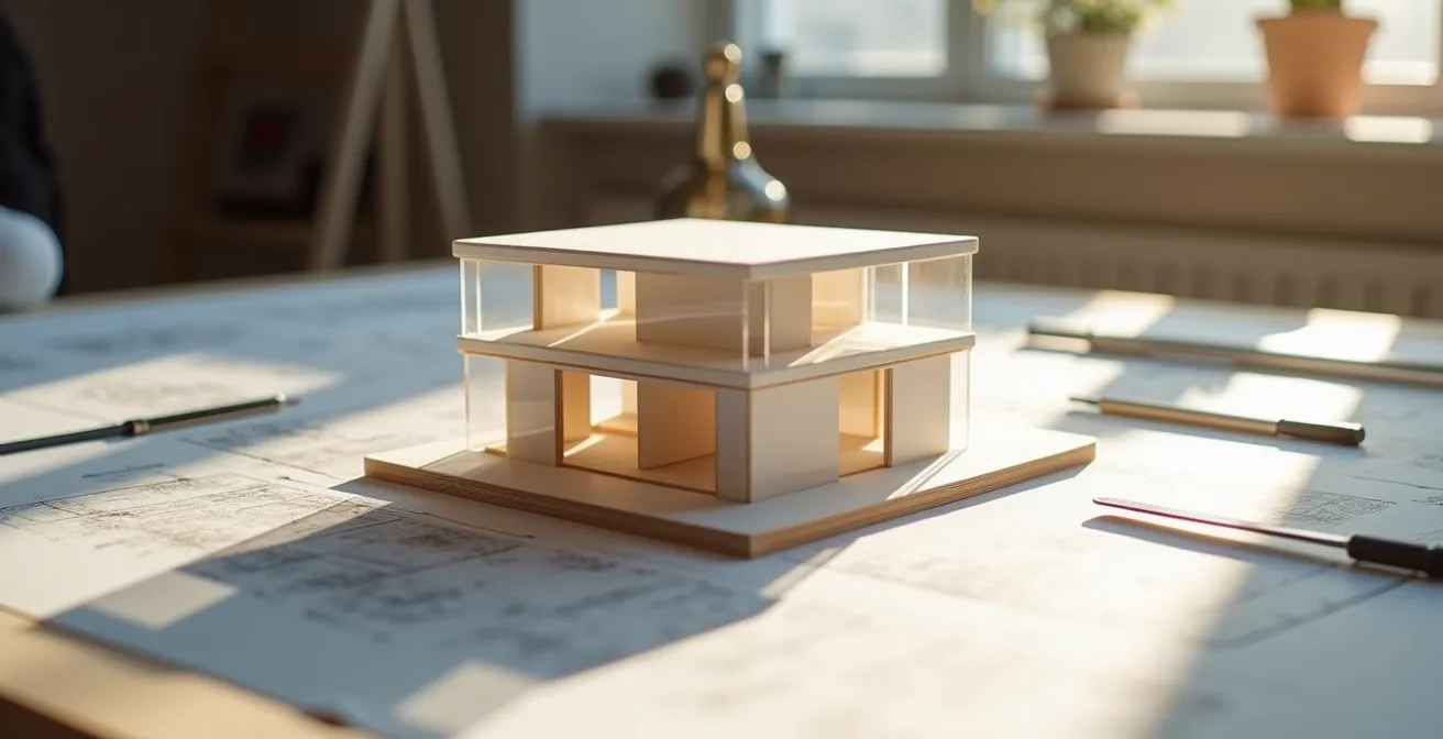 Representación visual de parámetros urbanísticos sobre modelo 3D de parcela con edificación ejemplo