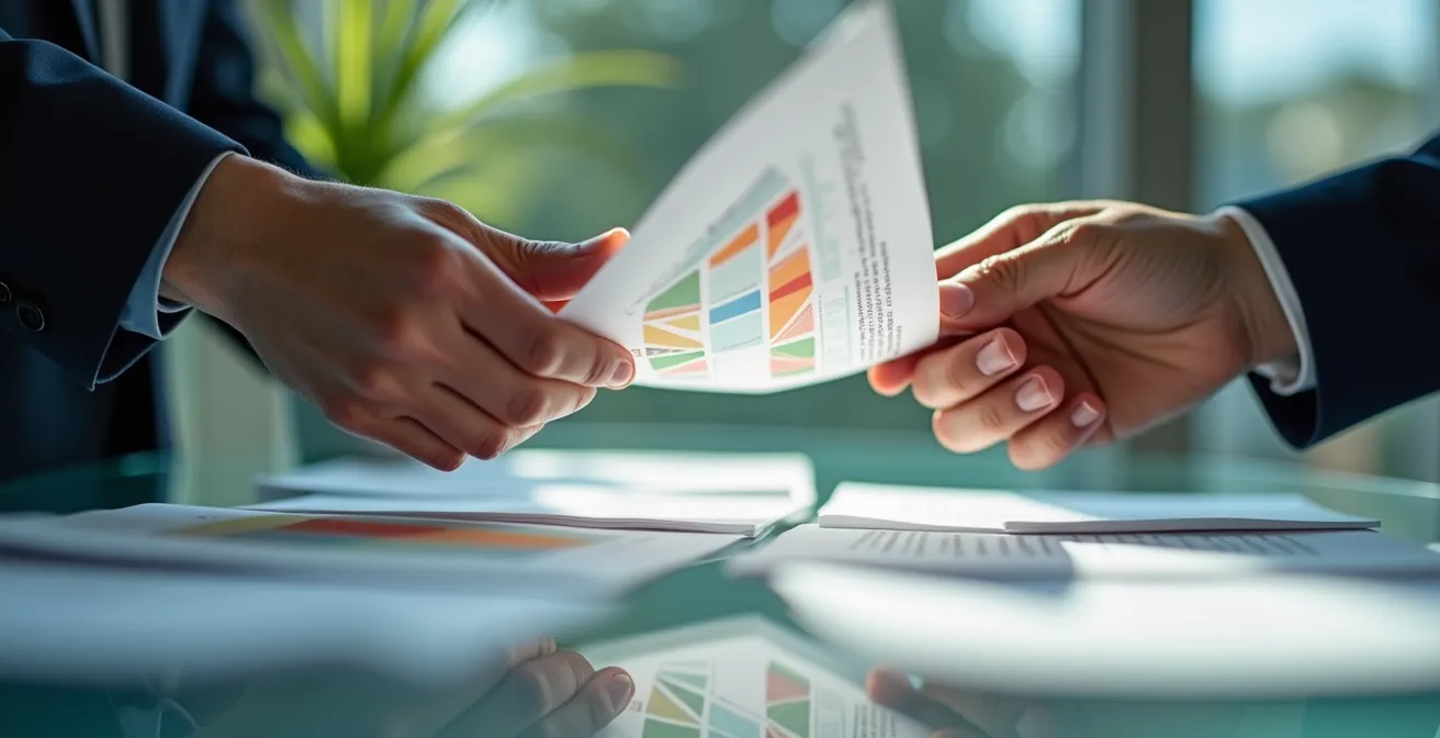 Manos de profesionales intercambiando documentos abstractos sobre mesa de cristal moderna
