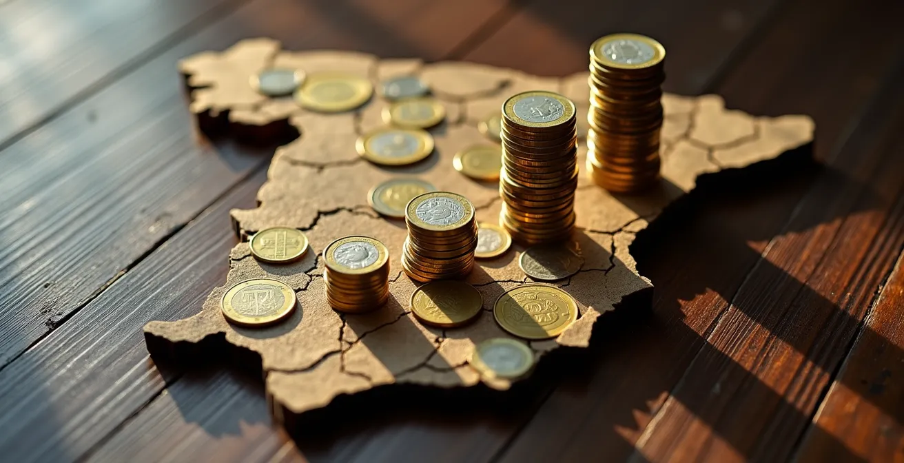 Mapa de España mostrando gradiente de colores representando el ratio PER inmobiliario por regiones