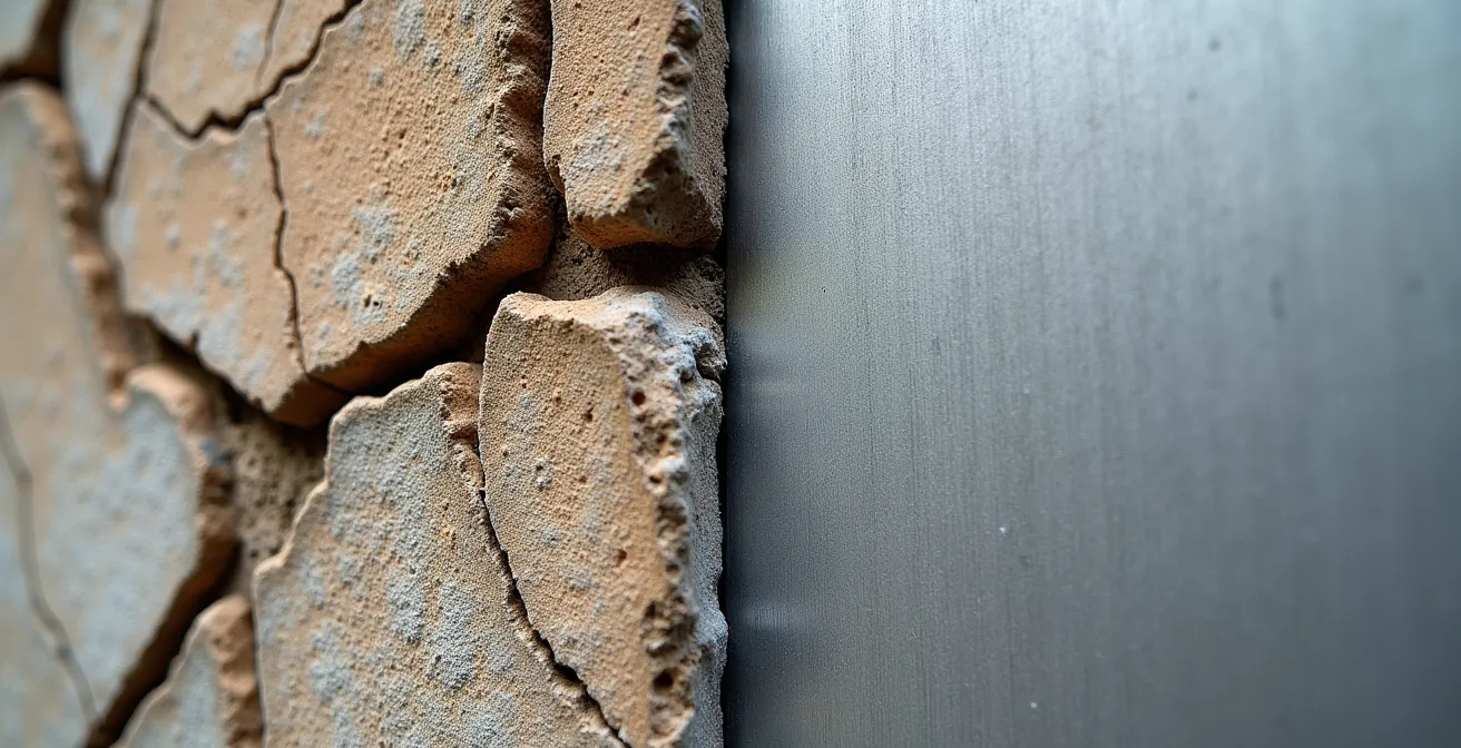 Comparación visual del mercado inmobiliario español: a la izquierda, hormigón agrietado (crisis 2008); a la derecha, un material moderno y resiliente (actualidad).