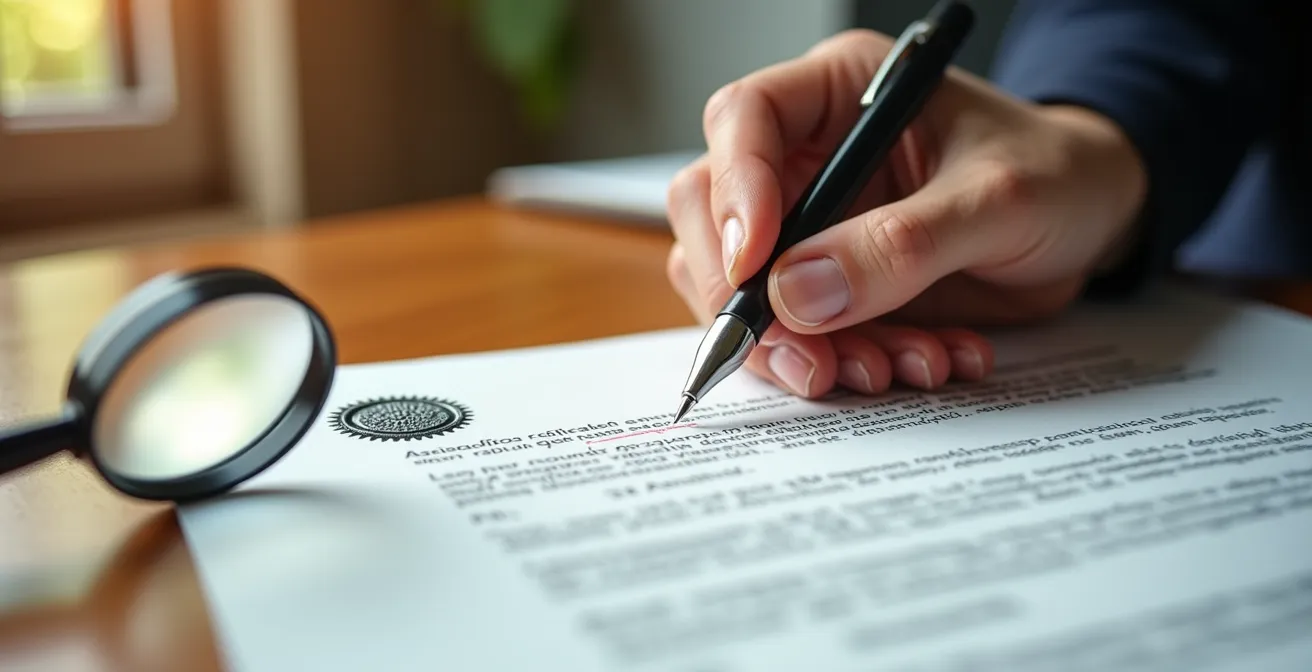 Manos profesionales señalando documento oficial con lupa sobre escritorio de madera