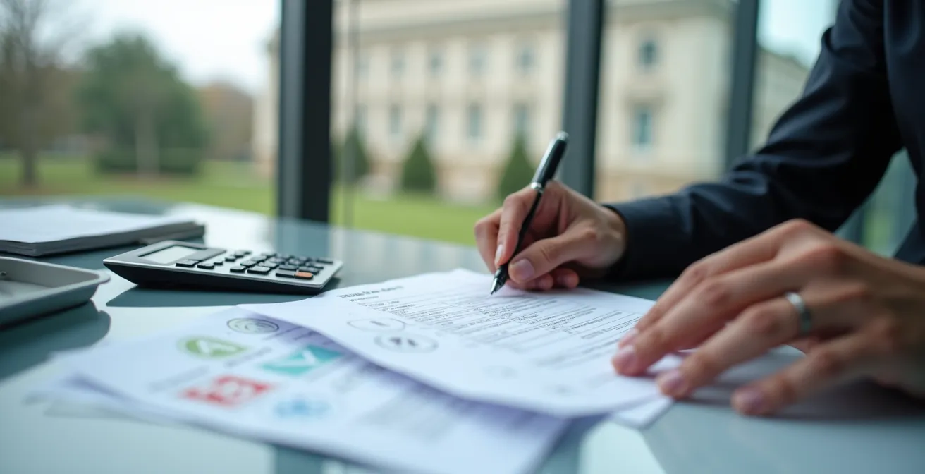 Oficina administrativa con documentos de depósito de fianza organizados