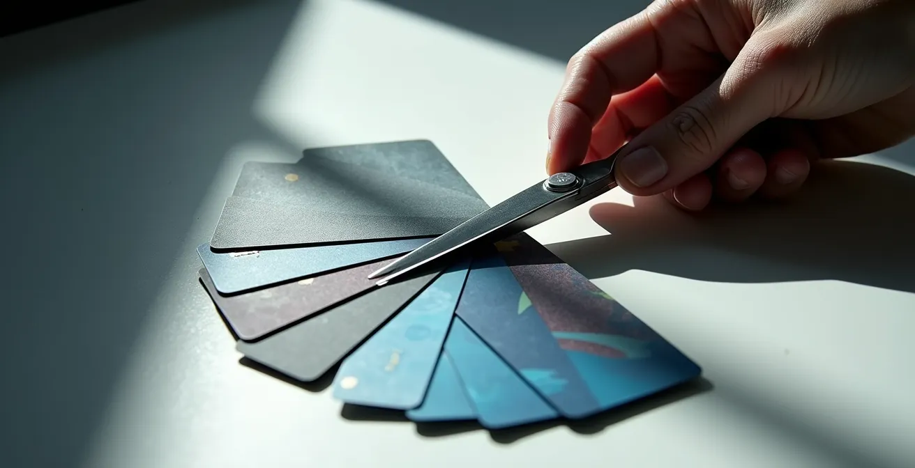 Mano cortando tarjetas de crédito con tijeras en escritorio minimalista