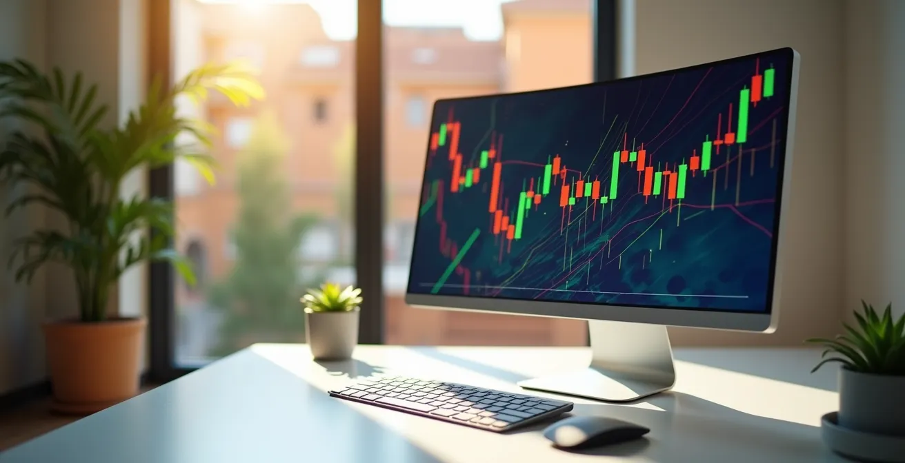 Vista lateral de pantalla de ordenador mostrando gráficos bursátiles abstractos con luz natural