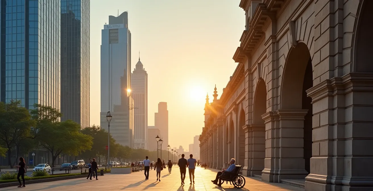 Comparación visual de estructuras demográficas representada por arquitectura moderna asiática junto a arquitectura europea clásica