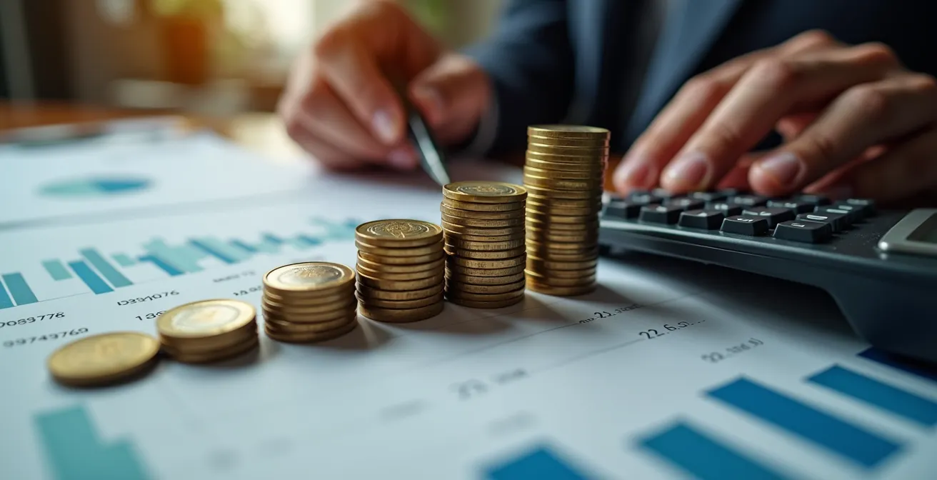 Profesional autónomo planificando su ahorro fiscal con calculadora y gráficos en mesa de trabajo