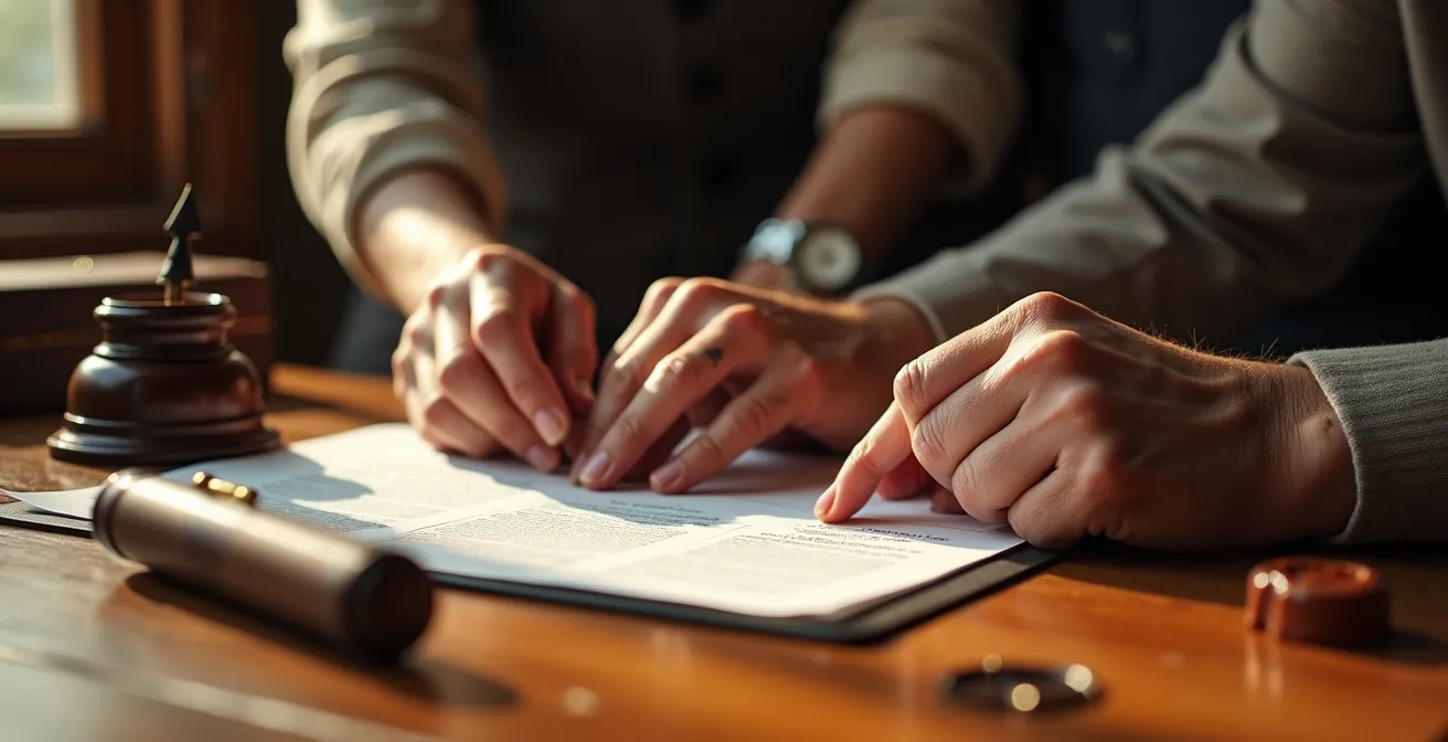Manos de diferentes generaciones sobre mesa con documentos notariales difuminados, ambiente cálido familiar
