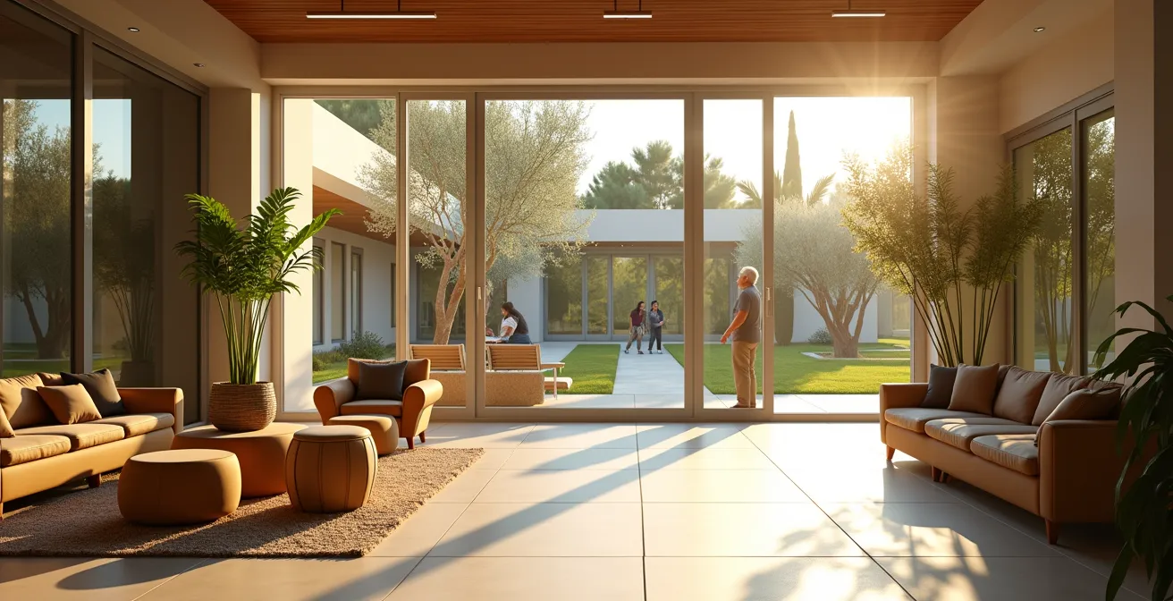 Vista amplia de espacio residencial moderno con jardín mediterráneo y personas mayores activas