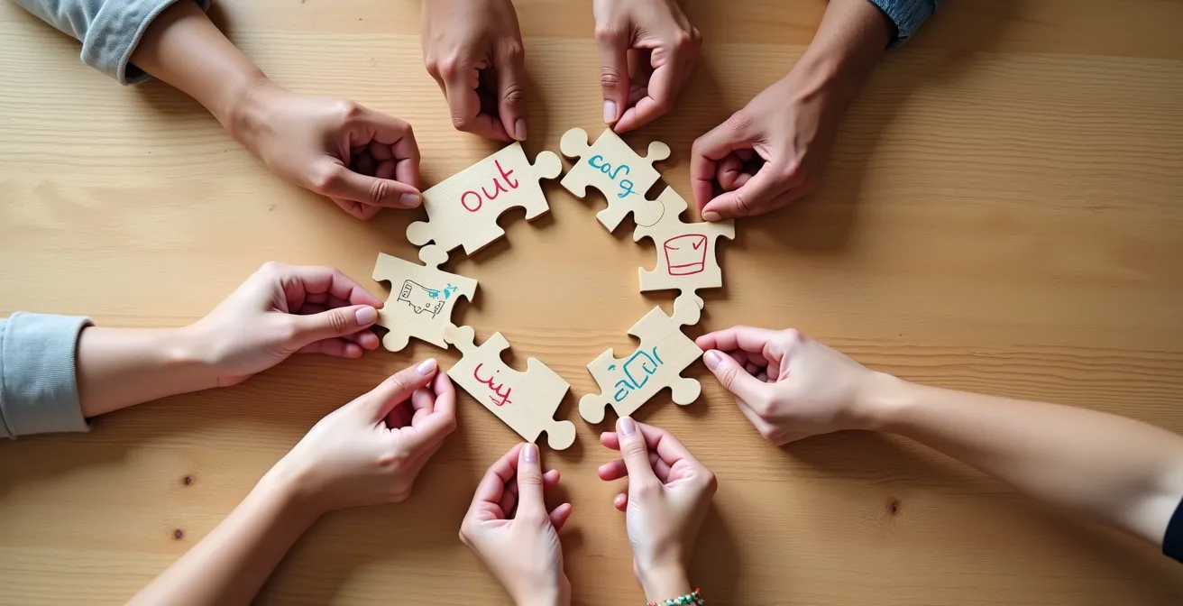 Vista aérea de manos conectando piezas de puzzle representando financiación colectiva