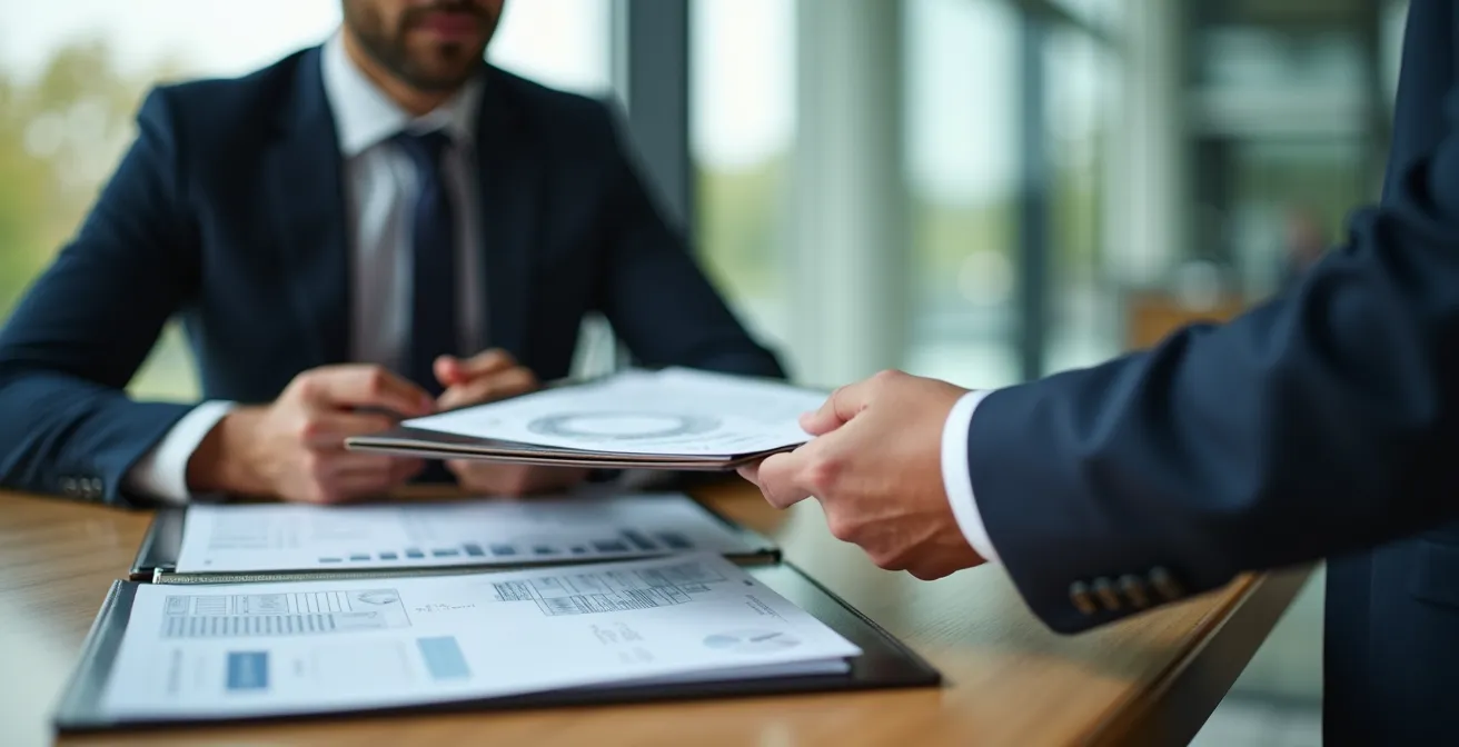 Cliente entregando documentación de tasación independiente en oficina bancaria