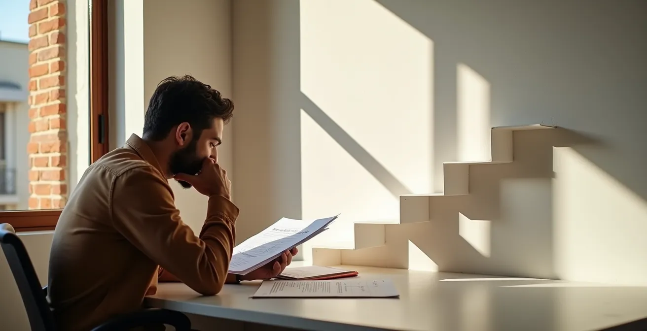 Efecto de la inflación en los tramos del IRPF español, representado por la sombra de un trabajador formando una escalera ascendente.