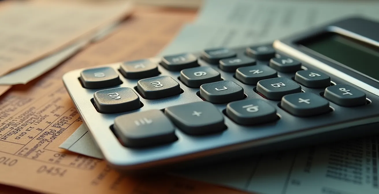 Visualización macro de calculadora financiera y documentos de análisis de deuda empresarial