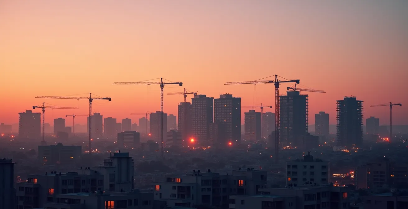 Vista panorámica de múltiples grúas de construcción trabajando simultáneamente en diferentes edificios residenciales